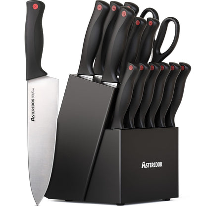 Astercook Knife Set, 15 Pieces Kitchen knives Set with Built-in Sharpener, High Carbon German Stainless Steel Chef Knife Block Sets, Sharp & Rust Resistant Dishwasher Safe, Black