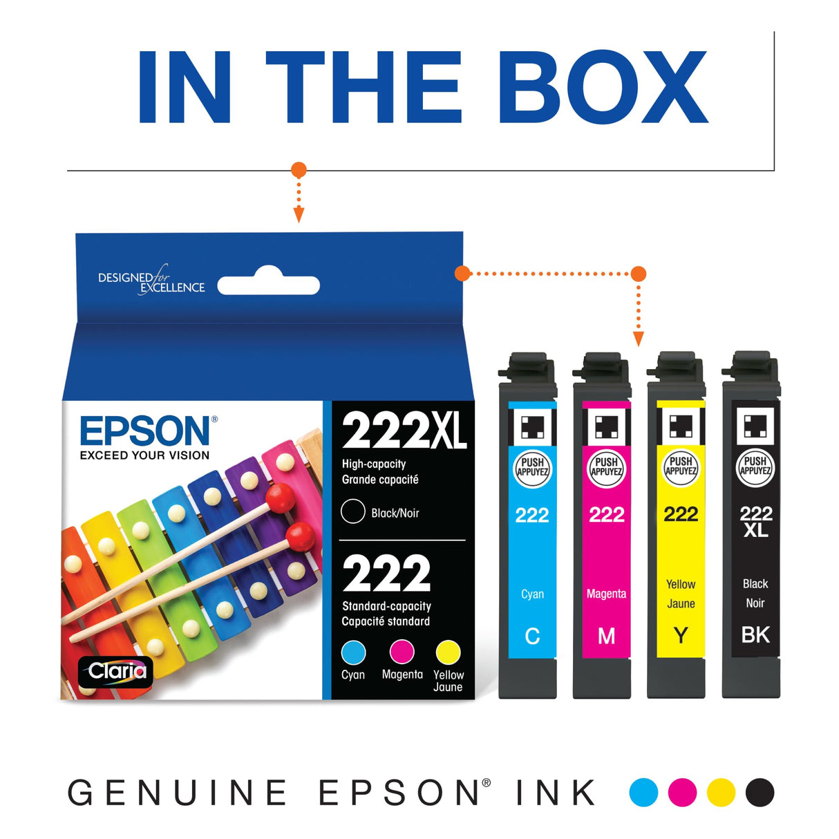 EPSON 222 Claria Ink High Capacity Black & Standard Color Cartridge Combo Pack (T222XL-BCS) Works with WorkForce WF-2960, Expression XP-5200, Black/Cyan/Magenta/Yellow Epson
