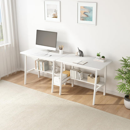 NELYE 94" Double Study Desk with Bookshelf - Spacious Wooden Workstation in White - WoodArtSupply