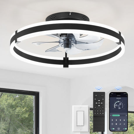 ZMISHIBO Ceiling Fans with Lights and Remote, 19.7'' Low Profile Ceiling Fans, 3000-6000K Dimmable Modern Flush Mount LED Fan Light, 6 Wind Speeds, Black Fandelier Ceiling Fans with Lights for Bedroom ZMISHIBO