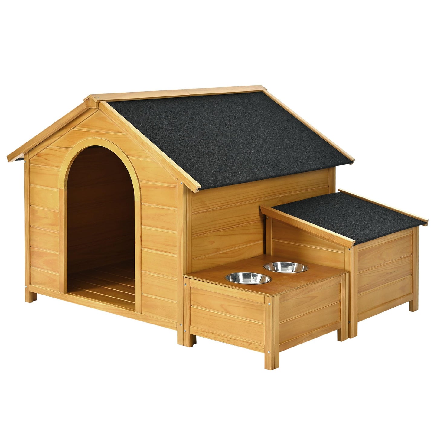 Merax 51.18" L x 43.7" W x 37" H Large Size Wooden Dog House, Dog Crate for Large Dog Breeds, Cabin Style Raised Dog Shelter with Asphalt Roof, Solid Wood, Weatherproof, Nature - WoodArtSupply