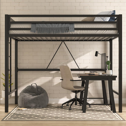 MUTICOR Twin Size Metal Loft Bed Frame with Safety Guardrail and Removable Ladder in Matte Black - WoodArtSupply