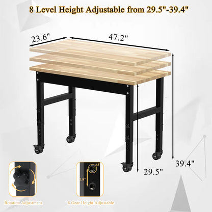 MISHAO 48" Adjustable Workbench for Garage, Rubber Wood Top Table Heavy-Duty Workstation w/Wheels, 2000 LBS Load Capacity Hardwood Worktable for Workshop, Office, Home - WoodArtSupply