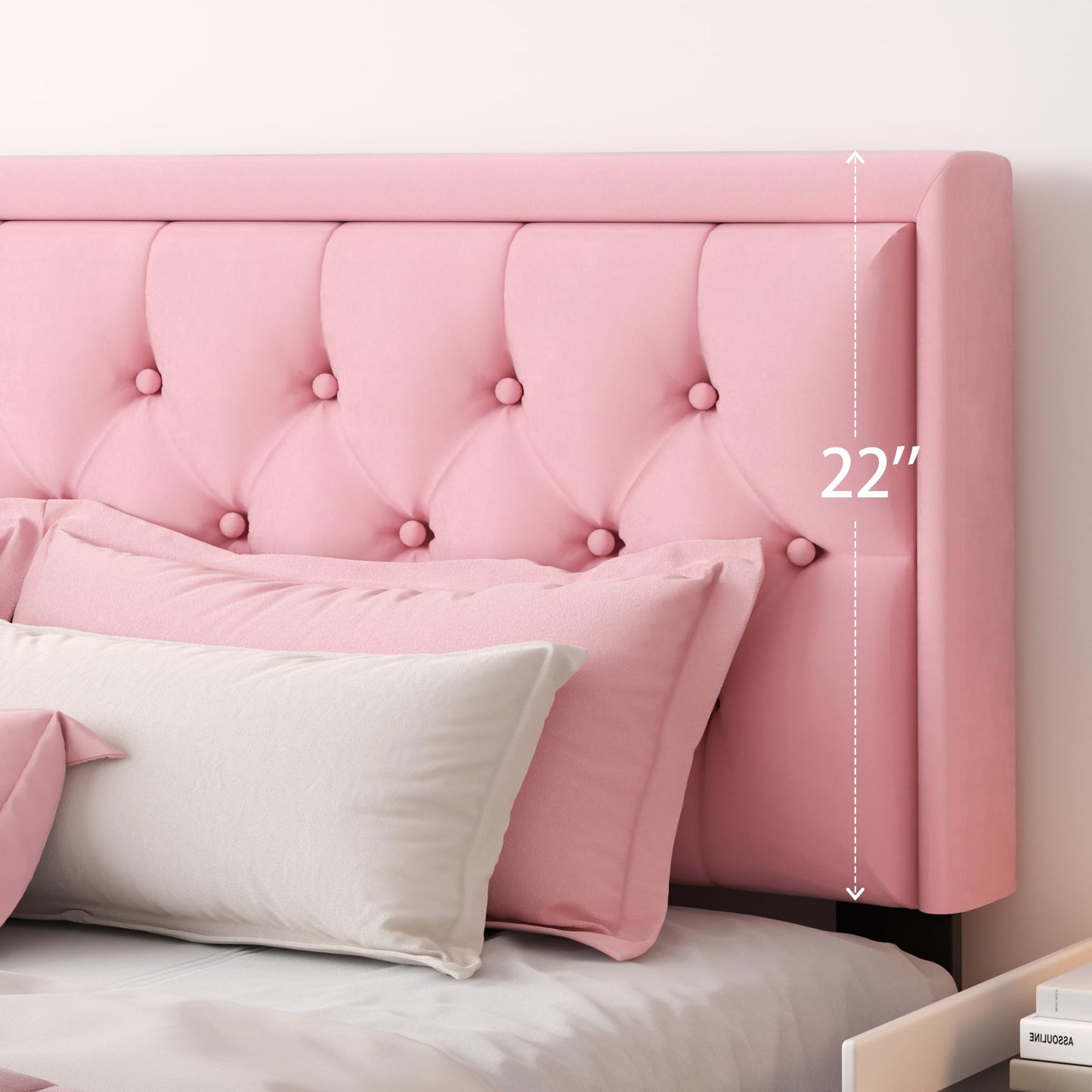 CXVX King Size Platform Bed Frame with Upholstered Velvet Button Tufted Headboard, Mattress Foundation with Wooden Slat Support, No Box Spring Needed, Easy Assembly, Noise Free, Pink