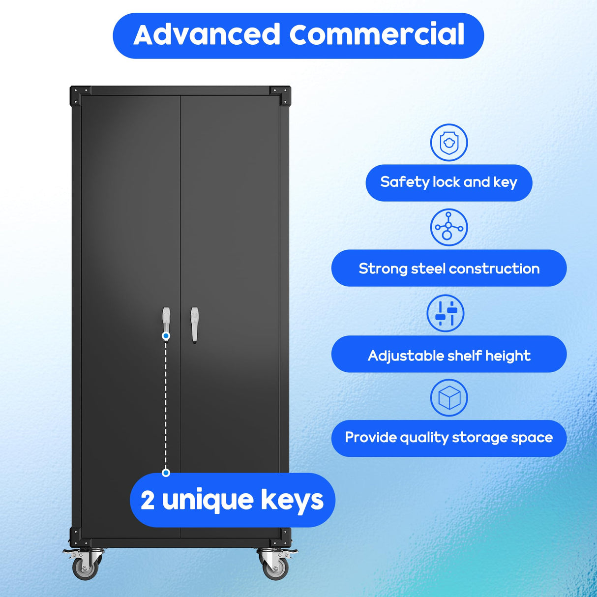 JAORD Metal Storage Cabinet Wheels,72'' Lockable Storage Cabinet with Wheels and Pegboard, Garage Cabinet with Doors and Shelves, Rolling Tool Cabinet for Office Home, Assembly Required(Black) JAORD