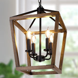 Farmhouse Chandelier Light Fixture for Kitchen Dining Room, 4-Light Rustic Pendant Hanging Ceiling Light Height Adjustable in Oak Wood Finish, Cage Lantern Lighting with E12 Base for Hallway Foyer BrightHome