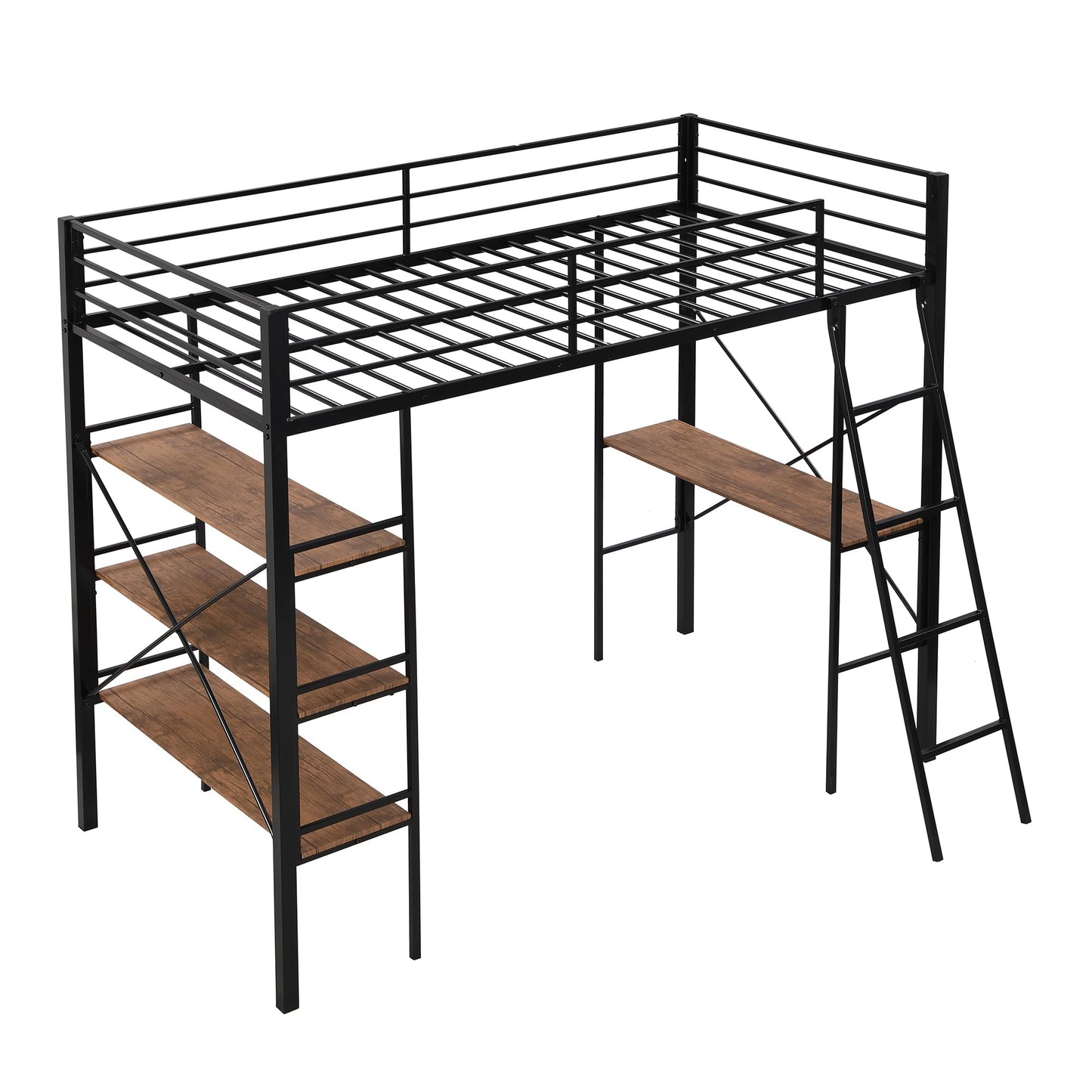 Metal Loft Bed Twin Size, Twin Loft Bed with Desk and Storage Shelves, Twin Size Loft Bed with Guardrail and Ladder, Heavy Duty Loft Bed for Kids, Teens (Twin Black)