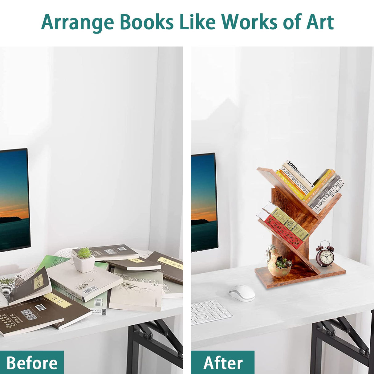 ZRWD Tree Bookshelf, 3-Tier Small Book Storage Organizer Shelves Floor Standing Bookcase, Wood Storage Rack for Office Home School Shelf Display for Cd/Magazine(Rustic Brown) ZRWD