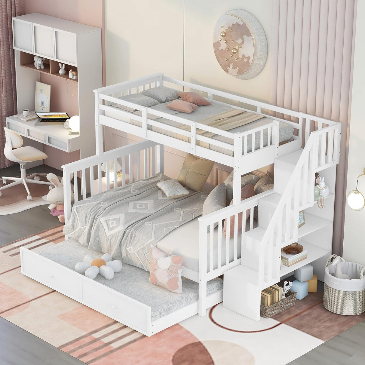 Harper & Bright Designs Twin Over Full Bunk Beds with Twin Size Trundle and Stairs, Wooden Bunk Bed with Storage & Guard Rail for Bedroom, Dorm, for Teens, Adults, White Harper & Bright Designs