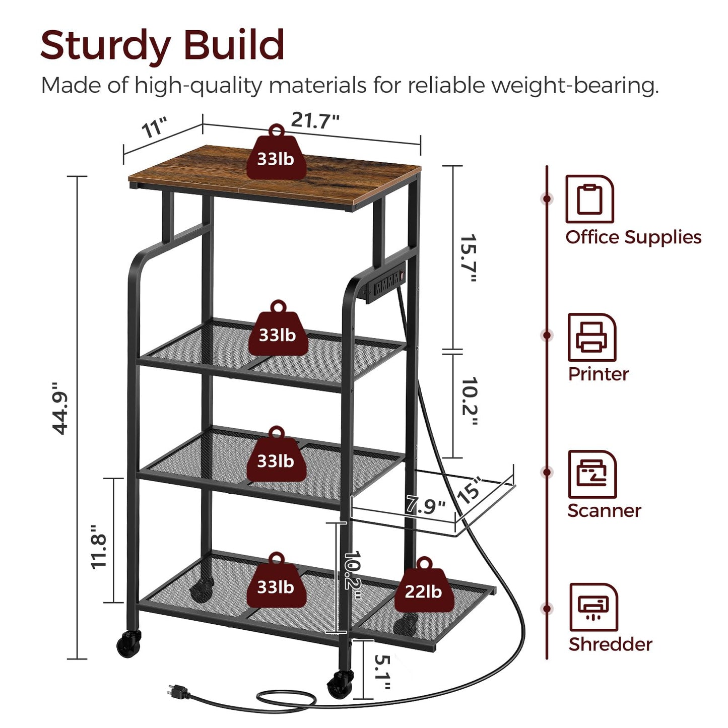 MAHANCRIS Printer Stand with Charging Station, Large Tall Printer Table with Wheels for Home Office, 4 Tier Printer Cart with Shredder Rack, Shelf for Printer Scanner, Rustic Brown PTHR114E01