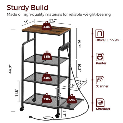 MAHANCRIS Printer Stand with Charging Station, Large Tall Printer Table with Wheels for Home Office, 4 Tier Printer Cart with Shredder Rack, Shelf for Printer Scanner, Rustic Brown PTHR114E01