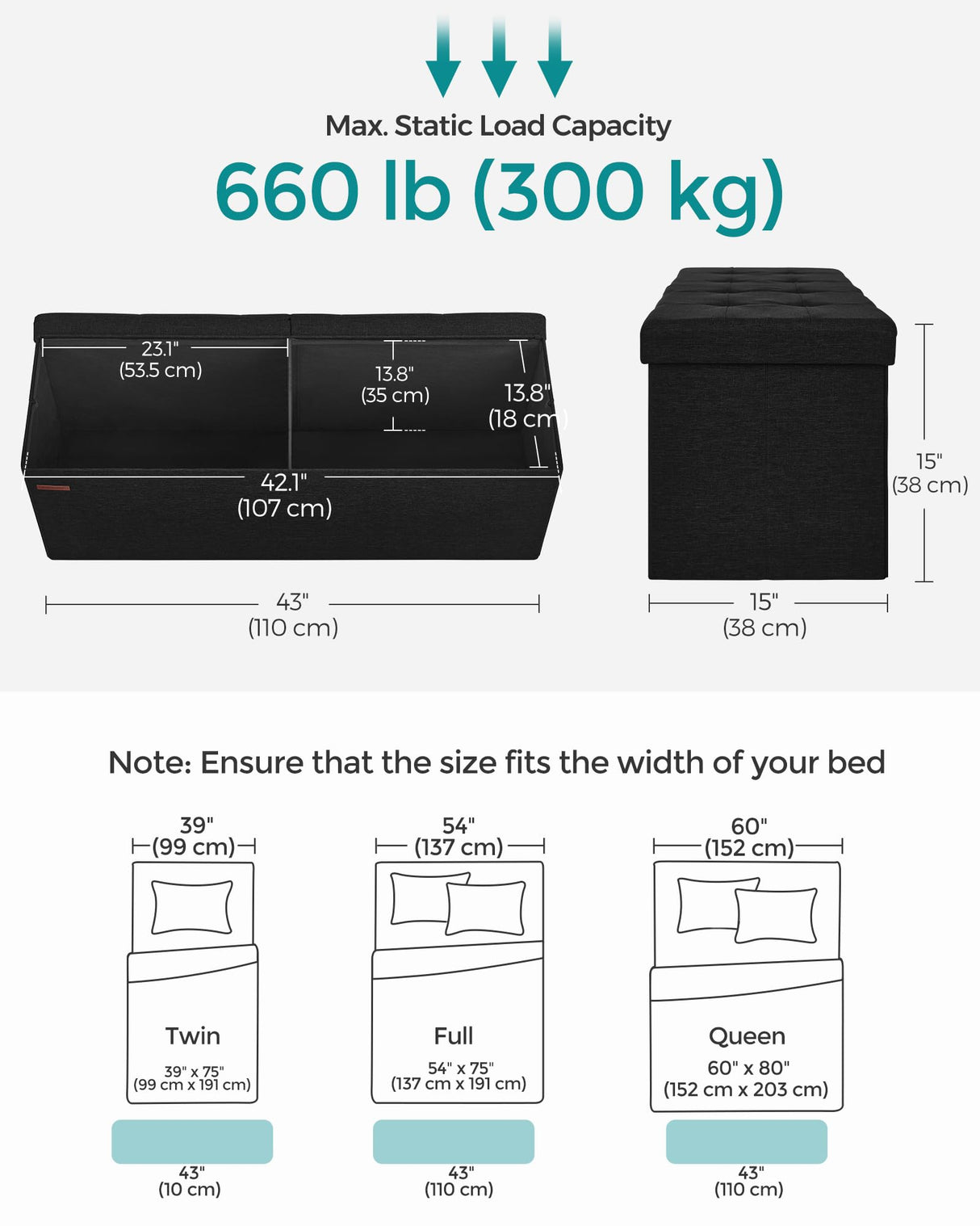 SONGMICS MAZIE Collection - 43 Inches Folding Storage Ottoman Bench, Ottoman Foot Rest, End of Bed Bench, Storage Chest, Load 660 lb, for Living Room, Bedroom, Entryway, Ink Black ULSF077B01 SONGMICS