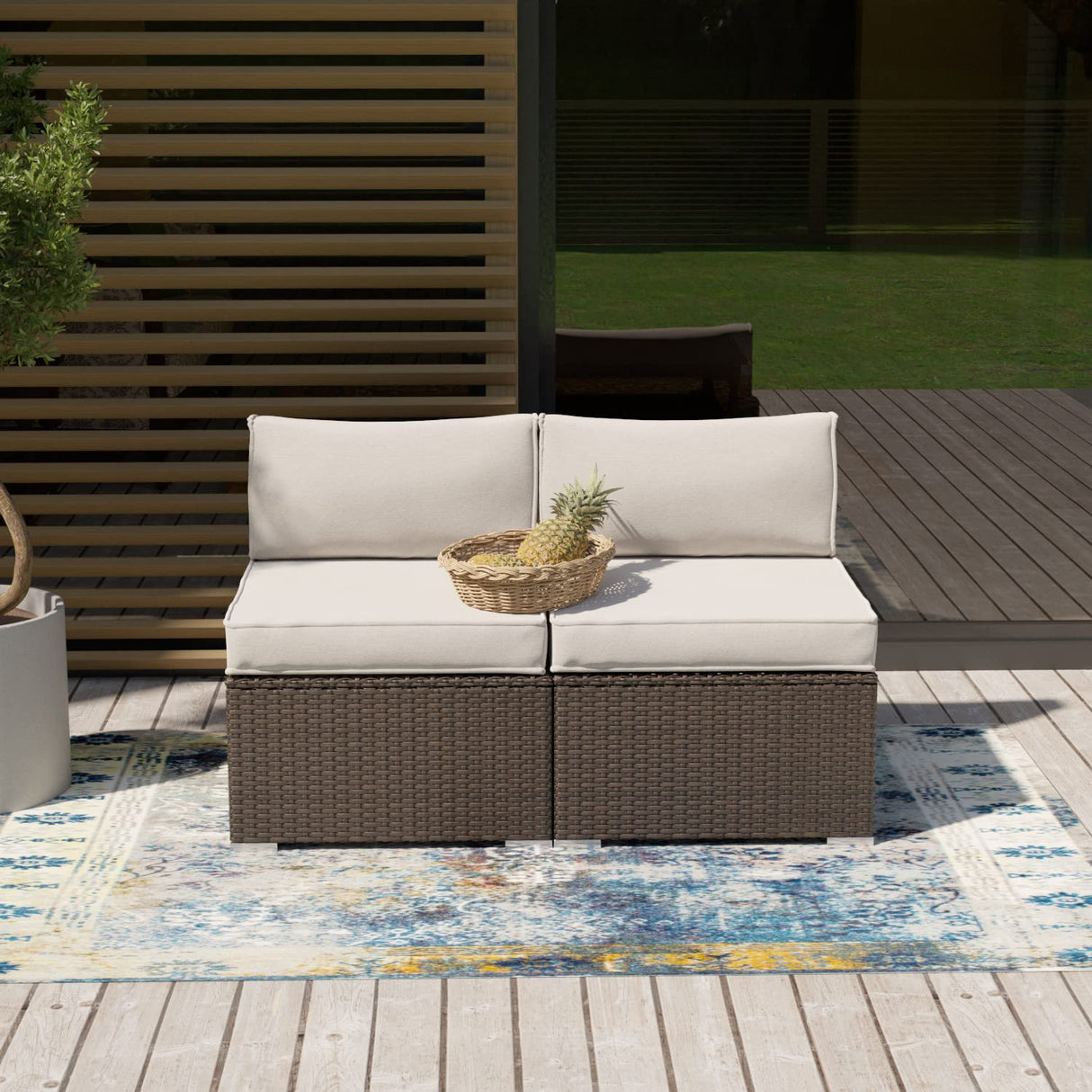 SUNBURY 2-Piece Outdoor Sectional Wicker Sofa in Off White Cushion, Elegant Brown Patio Furniture Chair, Armless Chair, Add-on Wicker Single Armless Seat SUNBURY