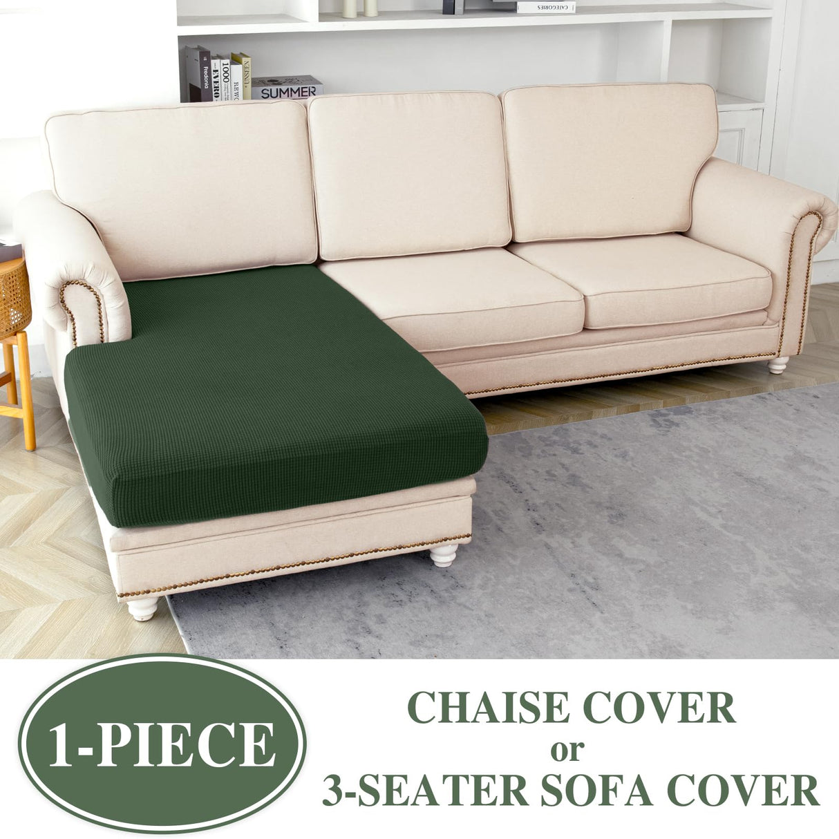 LA MEACK Couch Cushion Cover Chaise Lounge Cover Washable Separate Seat Chaise Couch Cover Stretch Sectional Sofa Slipcover(1 Piece for Chaise or Sofa 3-Seater, Green) LA MEACK