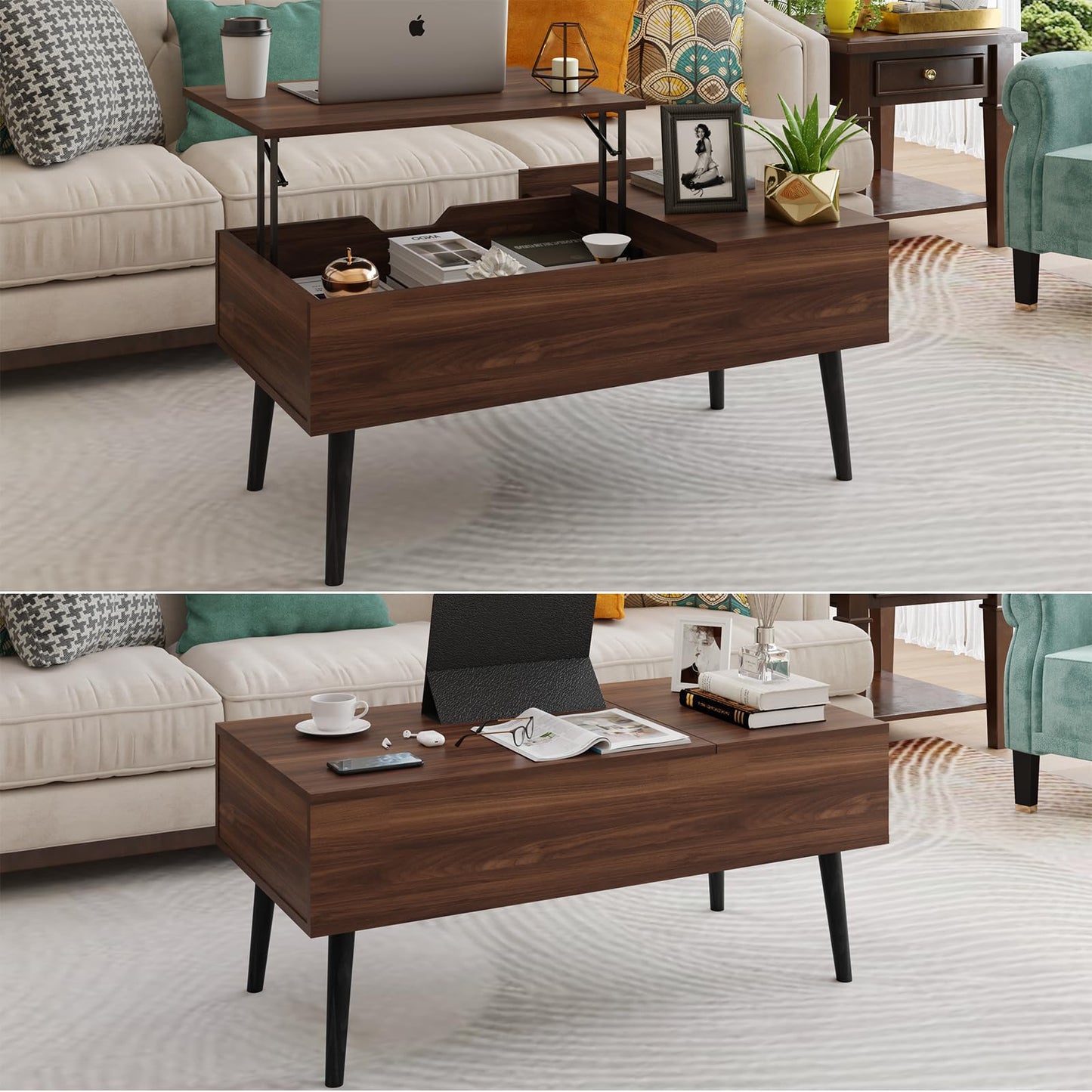 HAIOOU Lift Top Coffee Table, Mid Century Modern Coffee Tables with Drawer for Living Room, Open Storage Shelf, Walnut Cocktail Table TV Stand with Stable Pine Leg Anti-Scratching, Home, Office