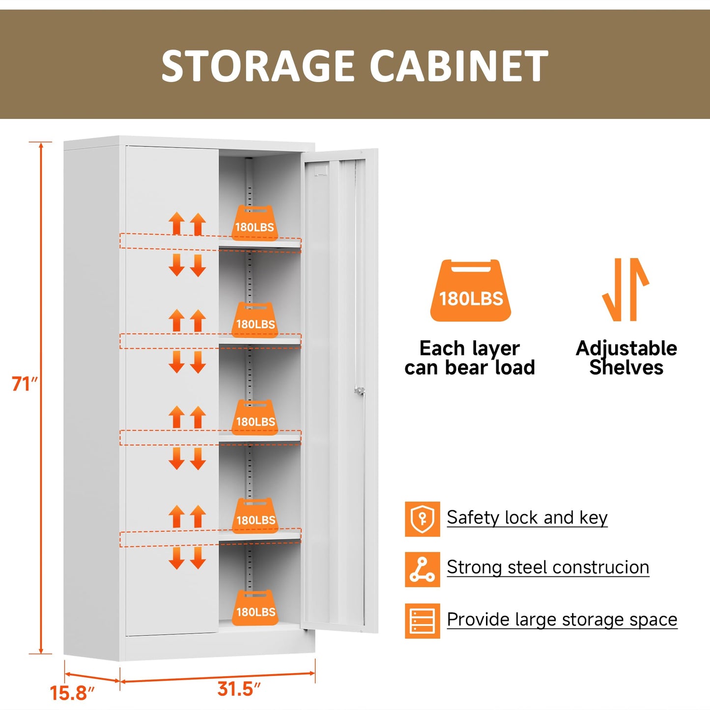 Coolsun Metal Storage Cabinet with 2 Doors and 4 Adjustable Shelves,71”Lockable Cabinet,Tool Cabinet for Garage Storage, Utility Room,Home,Office,School (White, 71 inch) - WoodArtSupply