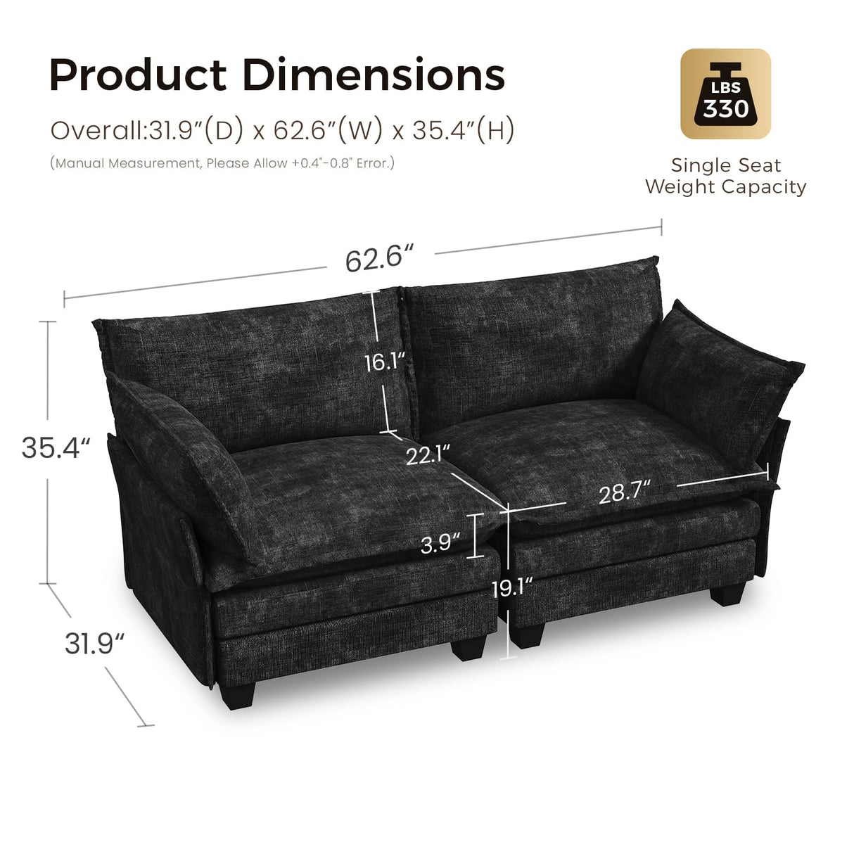 KKL Modular Sectional Sofa, Loveseat 2 Seater Cloud Couch with Ottoman, Chenille Modern Sectional Couches for Living Room, Apartment KKL