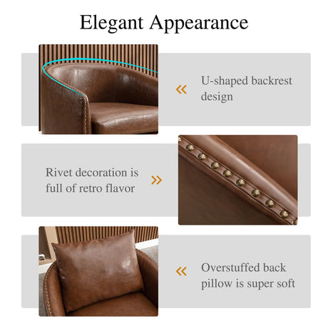 HAOMARKETS 360 Degree Swivel Barrel Chair with Plump Back Pillow, Waterproof Oil Waxed PU Leather Swivel Armchair with Rivets, Comfy Vintage Round Accent Chair for Living Room HAOMARKETS