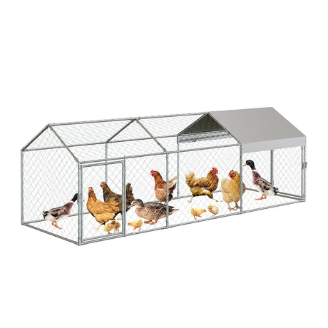 Large Metal Chicken Coop, 120" x 40" x 40" Chicken Run with Cover, Outdoor Walk in Poultry Cage, Metal Chicken Coop for Yard Farm Duck Rabbit Hen, Silver Hipicute