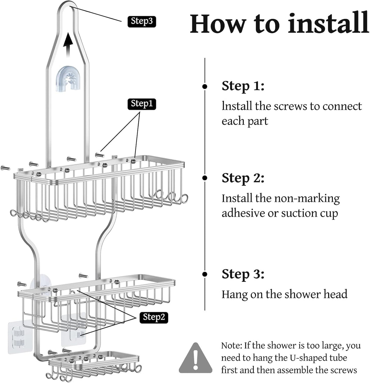 YASONIC Shower Caddy Hanging - Never Rust Shower Organizer - Aluminum Over The Head Caddy with 10 Hooks for Razor/Sponge - Rack with Soap Basket - Silver YASONIC