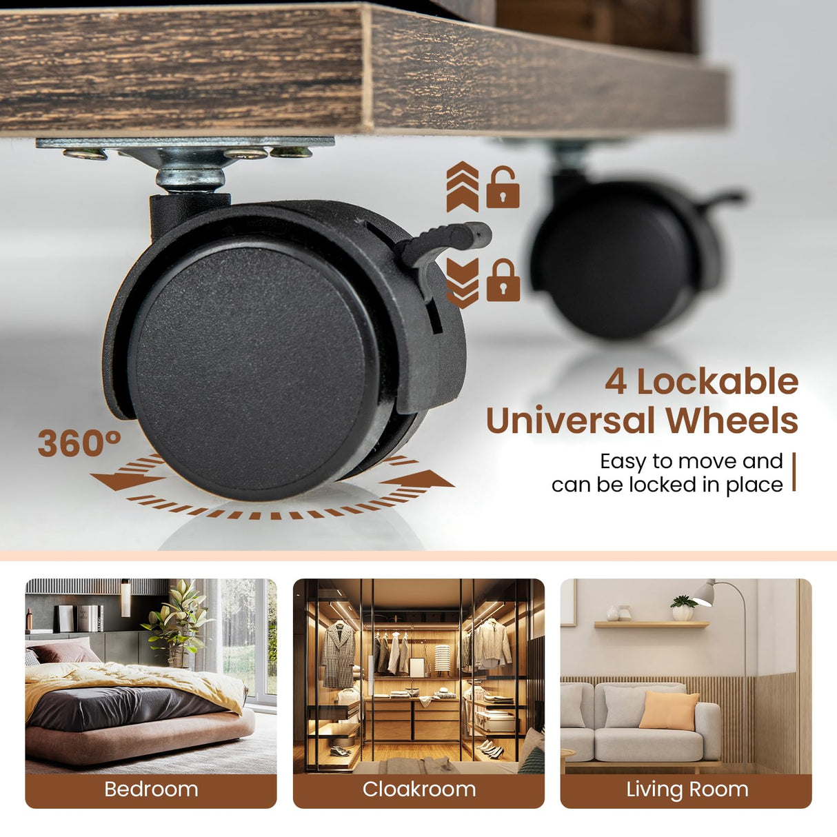 Byroce 360° Rotating Jewelry Armoire with Wheels, Lockable Jewelry Organizer W/ 3-Color LED Lights, Adjustable Shelves & Rear Storage, 64’’H Full Length Mirror Jewelry Cabinet Standing (Rustic Brown) Byroce