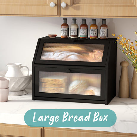 Vriccc Black Bread Box for Kitchen Counter, Large Bamboo Wood Double Layer Bread Box, Wooden Bread Storage Capacity Vriccc