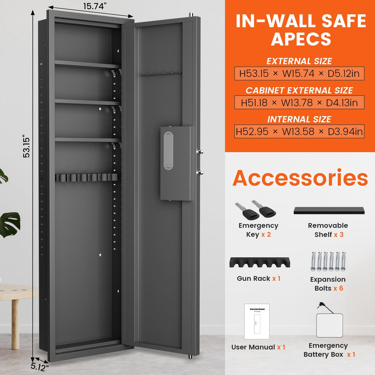 53.15" Wall Safe Between the Studs, In Wall Gun Safe, Digital Hidden Gun Cabinet with Gun Rack & Adjustable Shelves, Gun Safes & Cabinets with Dual Alarm System & Mute Mode(Black-Digital) Luzfuego