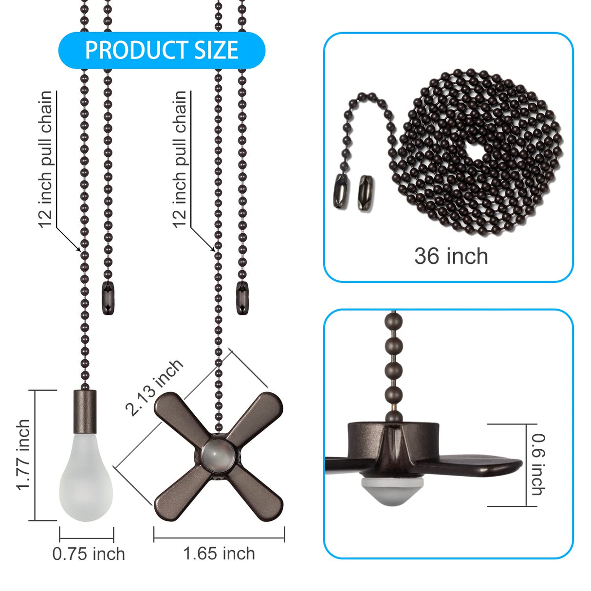 Ceiling Fan Pull Chain , Including 4Pcs Beaded Ball Fan Pull Chain Pendant, Extra 8Pcs Pull Loop Connectors, 2Pcs 36 inches Fan Pull Chain Extension. (Oil Rubbed Bronze) LDCREEE