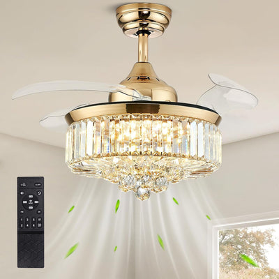 Siljoy 36 Inch Gold Fandelier Ceiling Fan with Light, Crystal Ceiling Fan with Lights and Remote, LED Dimmable Chandelier Fan with Invisible Reversible Fan Blades for Bedroom Living Room Dining Room