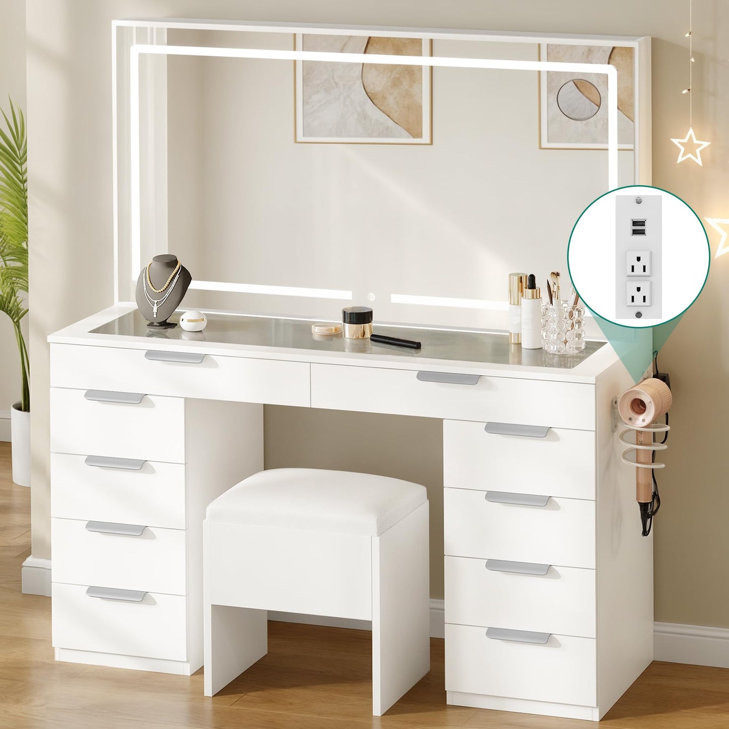 YITAHOME Makeup Vanity with Light Strip & Extra-Large Mirror, 10-Drawer Vanity Table Set with Power Hub & Hair Dryer Rack, Glass Top Vanity with 3 Color Modes Adjustment, Storage Bench for Bedroom