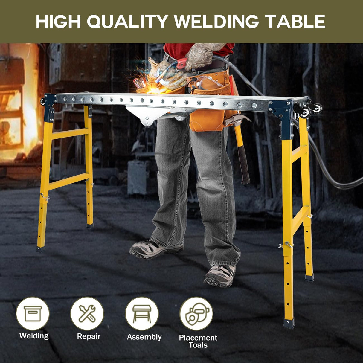 biosp Portable Steel Work Bench, Adjustable Height Welding Table with Folding Legs, Versatile Work Platform with Casters, Carrying Handle, 14 x 56-inch Tabletop, 1100 lbs Load Capacity biosp