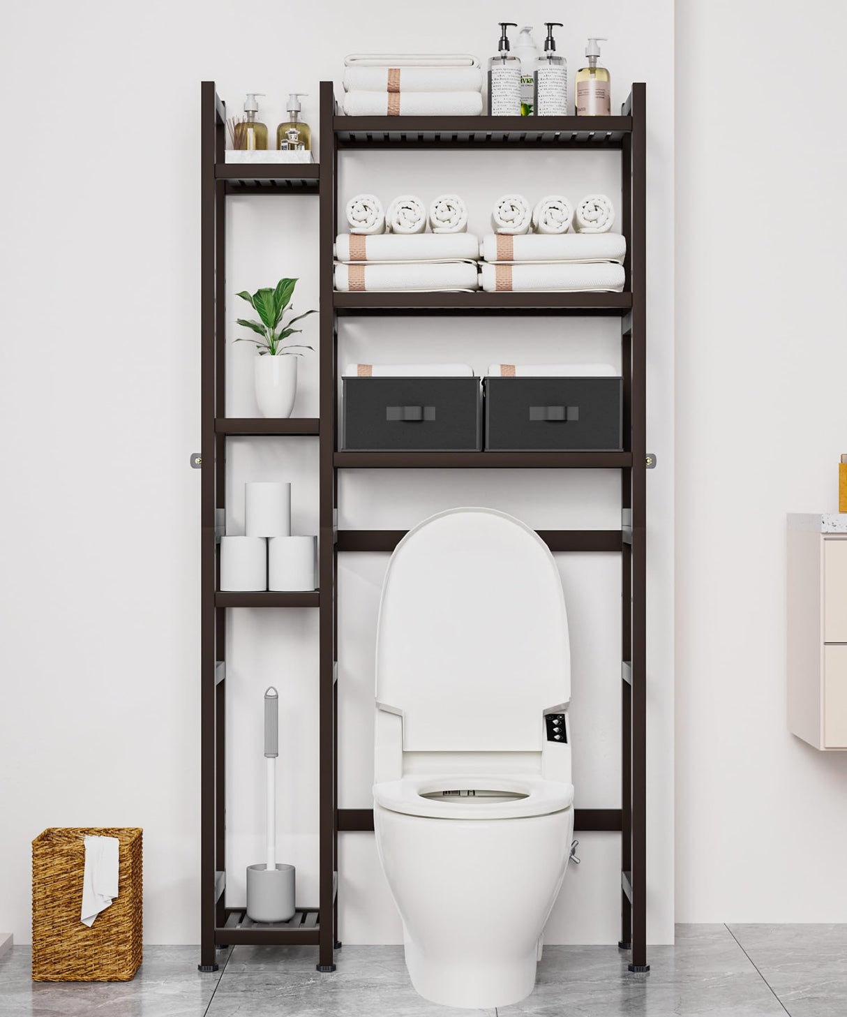 Homde Over The Toilet Storage with Basket and Drawer, Bamboo Bathroom Organizer with Adjustable Shelf & Waterproof Feet Pad, Space Saver Rack for Restroom, Laundry, Brown Homde