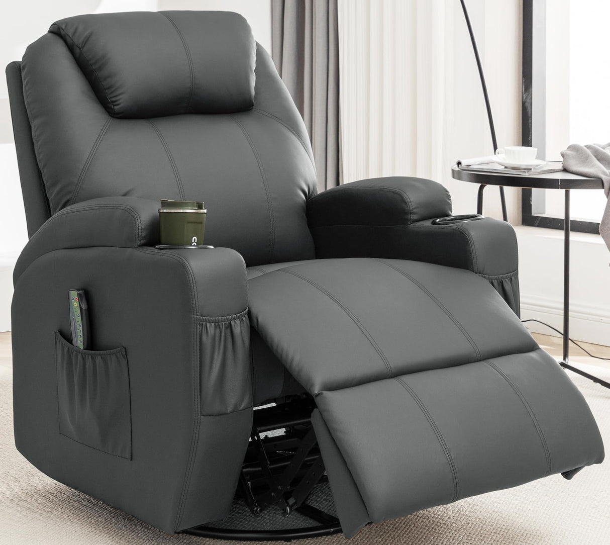 Korser Recliner Chair, Rocking Chair with Massage and Heat, 360° Swivel Recliner Chairs for Adults, Rocker Manual Recliner with Remote Control and Cup Holder for Living Room, Bedroom, Nursery Korser