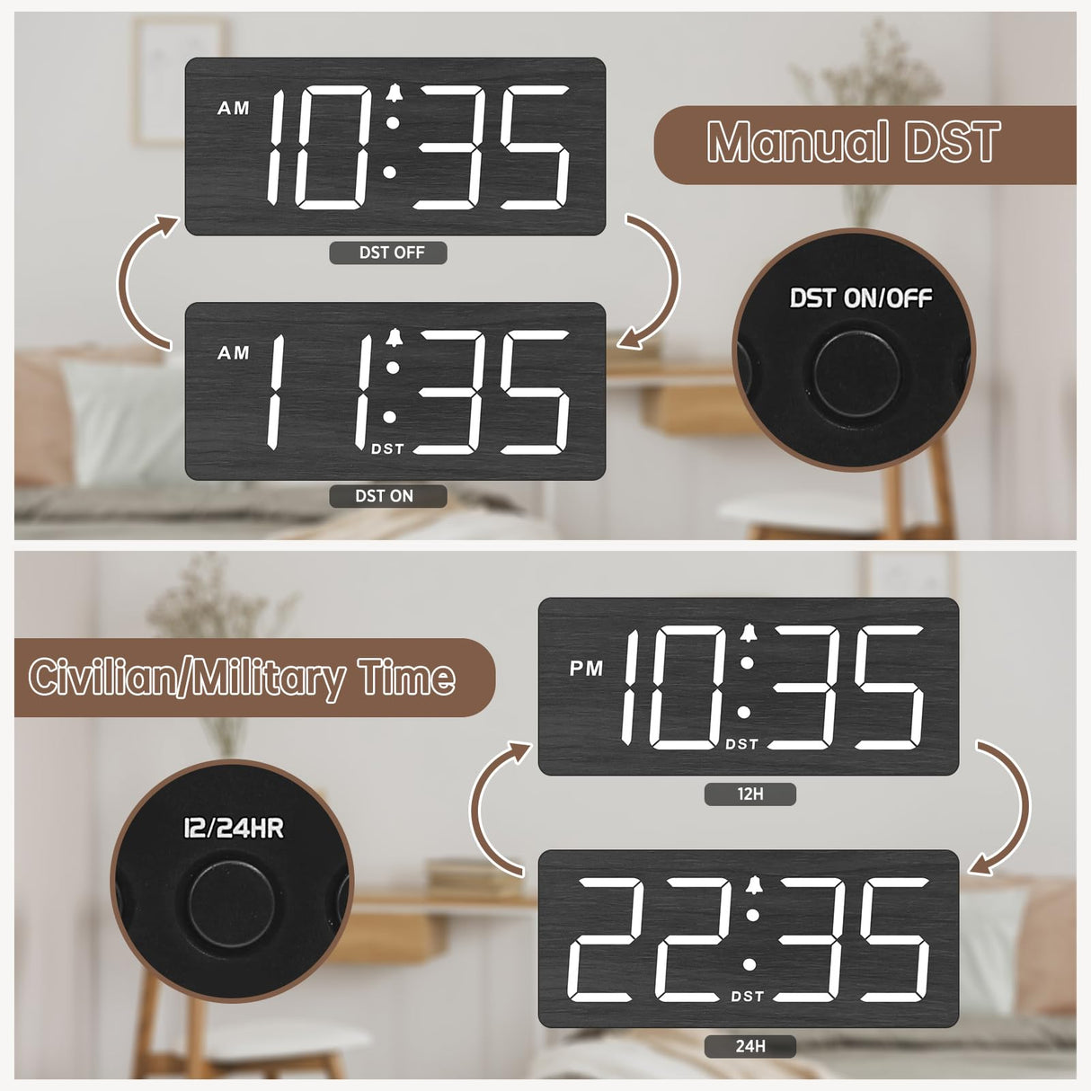 DreamSky Wooden Digital Alarm Clock for Bedroom - Desk Clocks for Living Room with Large Numbers, Dimmer, USB Port, Loud Alarm for Heavy Sleepers with Volume Control, DST, Wood Decor DreamSky