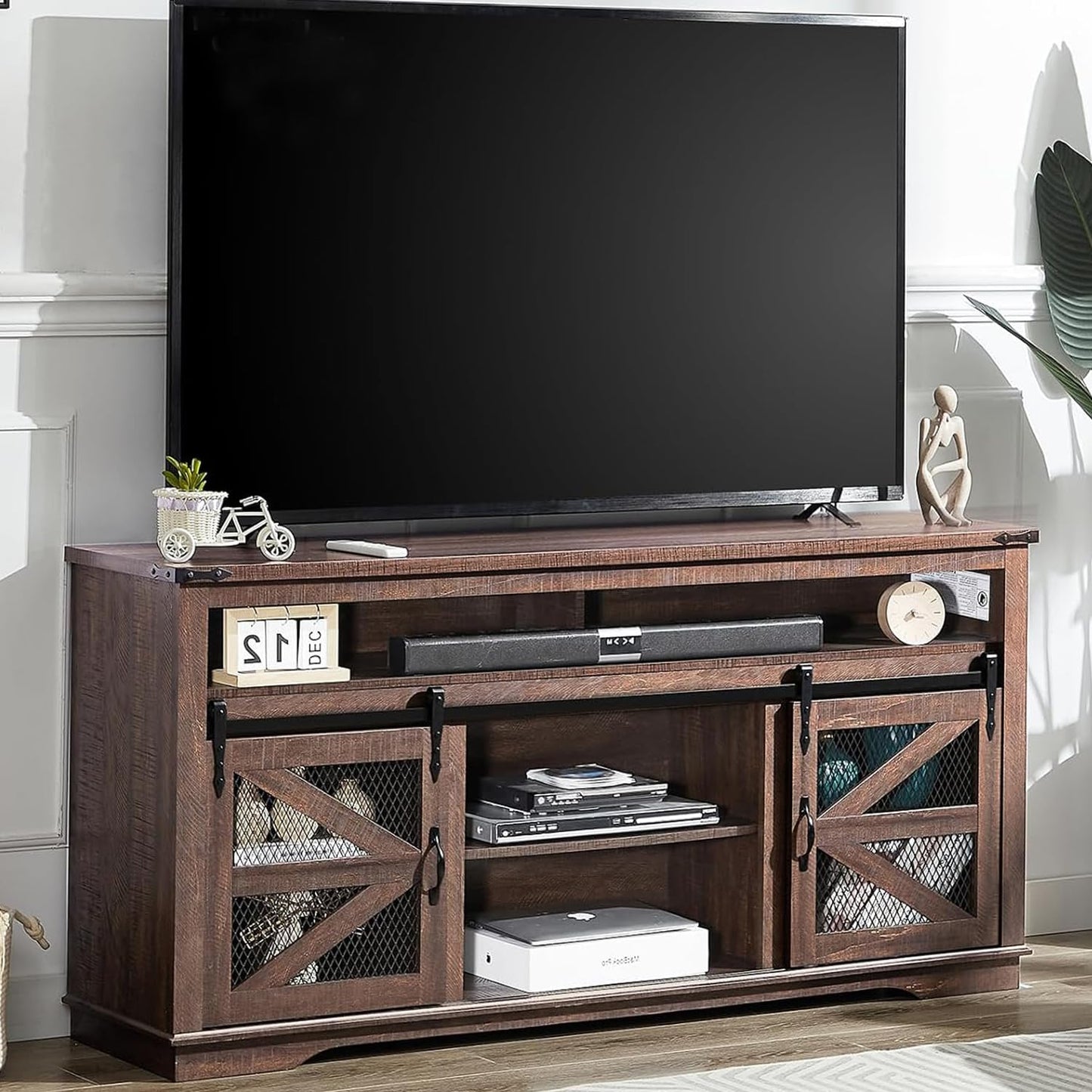 Zanzio XZ0-66TVS Rustic Farmhouse TV Stand, Distressed Brown