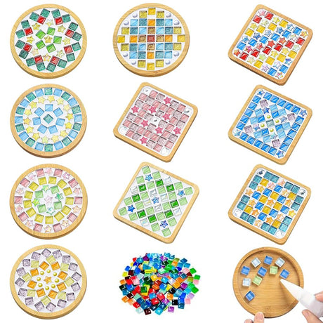 Airsnigi 10 Set DIY Mosaic Tiles for Crafts Mixed Color Mosaic Kits with Wooden Coasters Handmade Glass Coasters Crafts Set for Adult Creative Handmade Home Decoration Gift Airsnigi