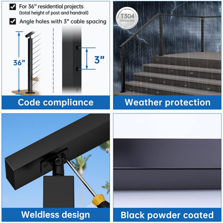 Muzata Black Stair Cable Railing Post 36 Inch for 25-35 Degrees Stair 36"x2"x2" Surface Mount T304 Stainless Steel Cable Railing System Kit Indoor Outdoor with Paper User Guide PS01 BA4S Muzata
