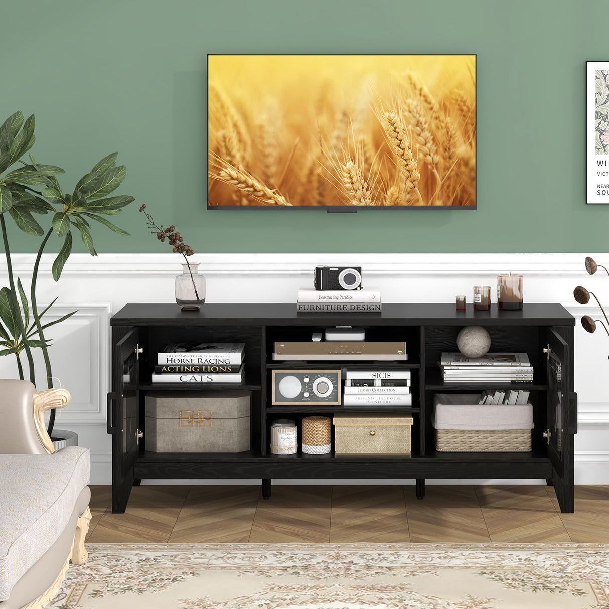Tangkula Farmhouse TV Stand for TVs Up to 65-in, Classic Media Entertainment Center w/Glass Door Cabinets & 4 Adjustable Shelves, Modern TV Console Table w/ 3 Cable Holes for Living Room (Black) Tangkula