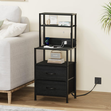 Furnulem Night Stand, Tall Nightstand with 4-Tier Shelves, 2 Fabric Drawers and Light Tube, Bed Side Tables with Charging Station, Bedside Table for Bedroom, Office, Black Oak Furnulem
