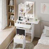 Haewon White Small Vanity Desk Set with Mirror and Lights, Mini Makup Table with Chargin Station and Storage Chair for Compact Space Bedroom Haewon
