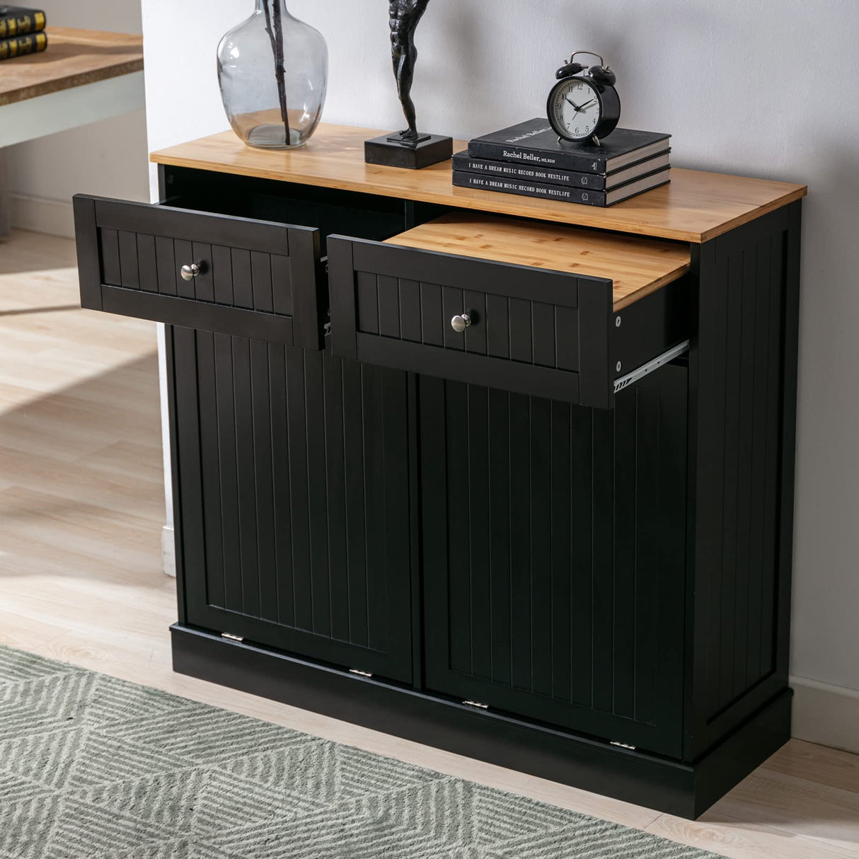 Double Trash Cabinet Tilt Out 20 Gallon, Pet Proof Kitchen Trash Cabinet Laundry Hamper with Cutting Board, Wood Garbage Recycling Station Hideaway Trash Holder Drawers (Black) Gitua