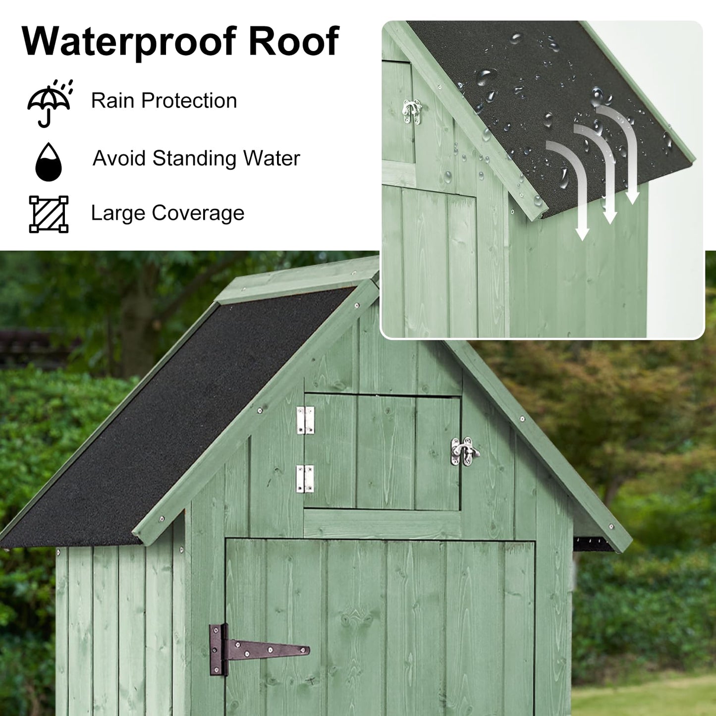 Shed Outdoor Storage Cabinet, Wood Garden Sheds with Floor, Outside Tool Outhouse Organizer with Waterproof Roof, Shelves and Lockable Door for Patio Hallway and Backyard (Green) - WoodArtSupply