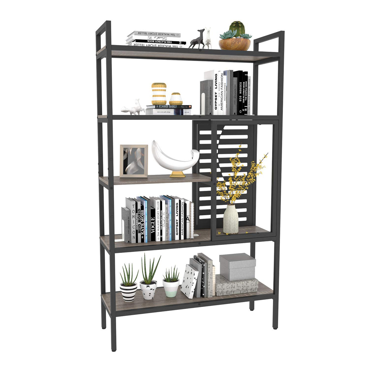 Weehom 5-Tier Adjustable Industrial Bookshelf, Modern Wood Bookcase with Stable Metal Frame, Open Storage Shelves Standing Shelving Unit for Living Room Bedroom Kitchen Office Weehom