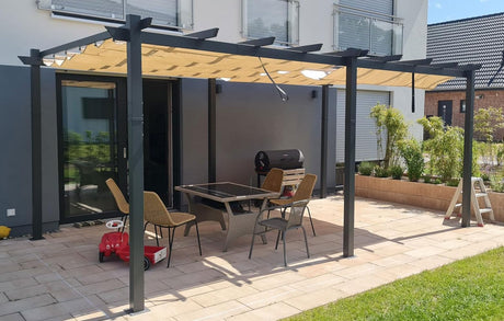 PURPLE LEAF 12' X 18' Outdoor Retractable Aluminum Pergola with Sun Shade Canopy Patio Metal Porch Garden Pavilion Grill Gazebo Modern Backyard Grape Trellis Pergola, Beige PURPLE LEAF