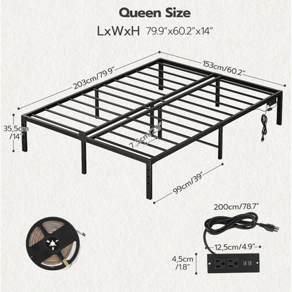 HOOBRO Queen Bed Frame with Smart LED Lights and Integrated Charging Station - WoodArtSupply