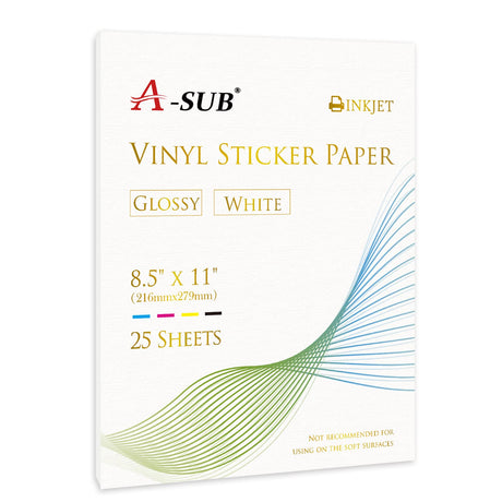 A-SUB 25 Sheets Vinyl Sticker Paper for Inkjet Printer - Glossy Printable Vinyl 8.5x11 Inch Waterproof Sticker Paper for DIY Any Decal You Like A-SUB