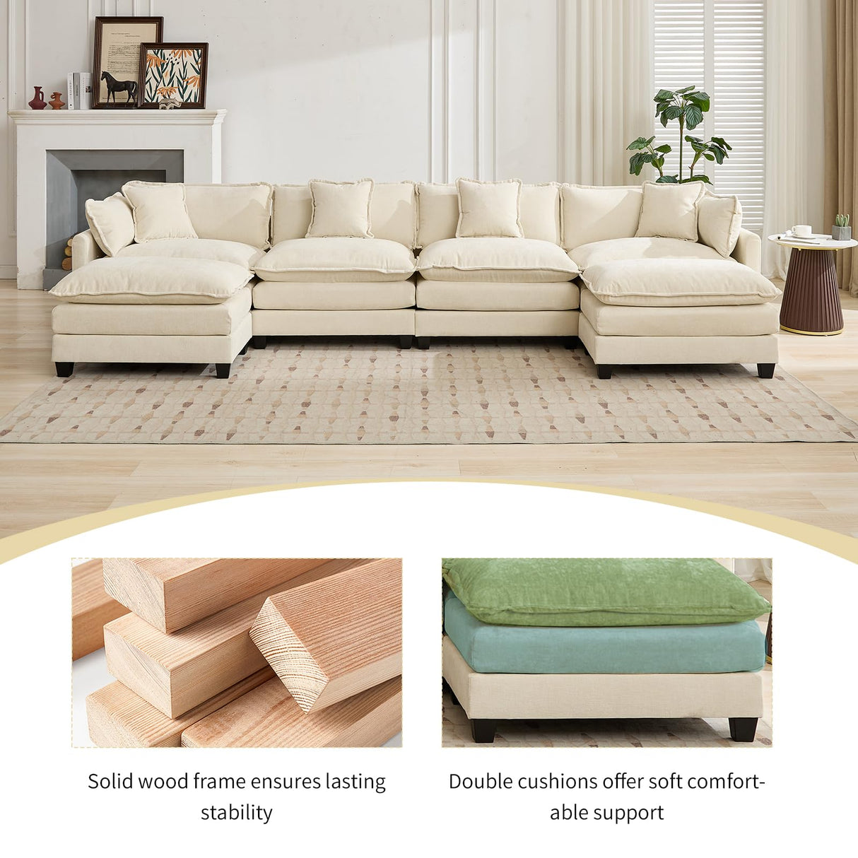 76.7" Oversized Beige Loveseat Sofa, Ivory Off-White 2 Seater Large Sectional Couches for Living Room, Chenille Fabric Modular Sectional Sofa with 1 Ottoman, Modern Sofas Set, Love Seat Couches ODUSE-DAILY