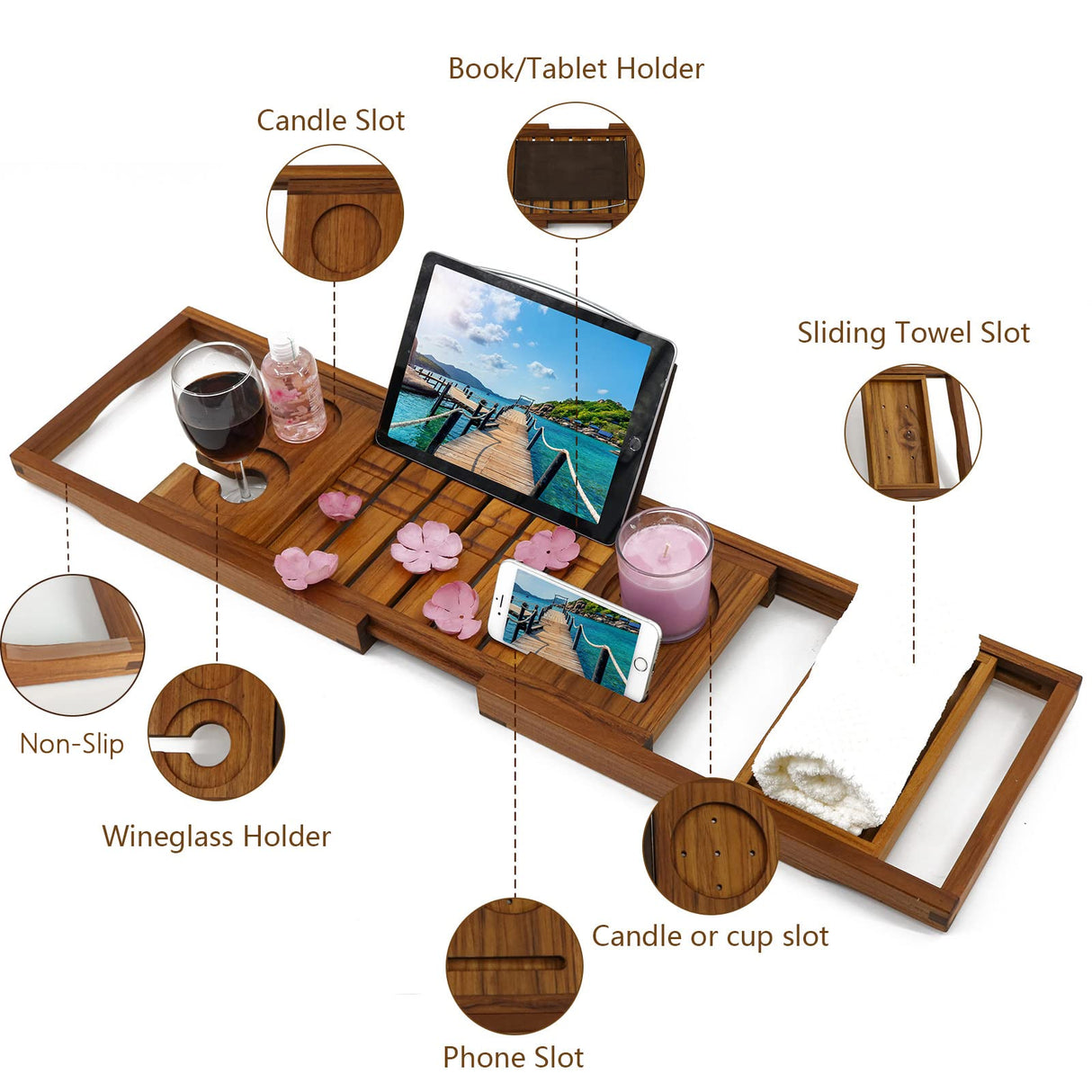 Utoplike Teak Bathtub Caddy Tray Bath Tray for Tub, Unique Bathtub Organizer with Book Tablet Wine Glass Cup Towel Holder, Adjustable, for Your Loved Utoplike