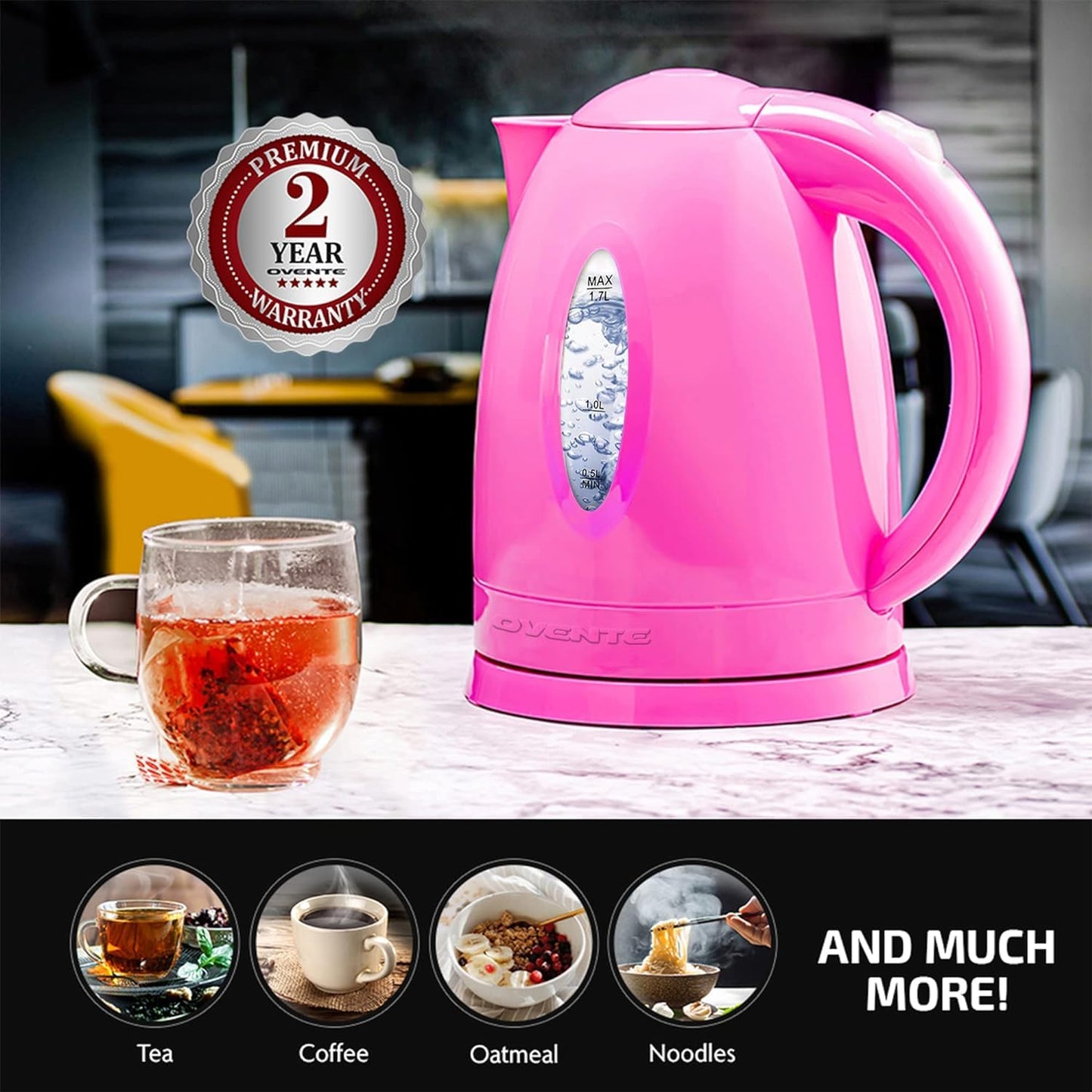 OVENTE Electric Kettle, Hot Water, Heater 1.7 Liter - BPA Free Fast Boiling Cordless Water Warmer - Auto Shut Off Instant Water Boiler for Coffee & Tea Pot - Pink KP72P