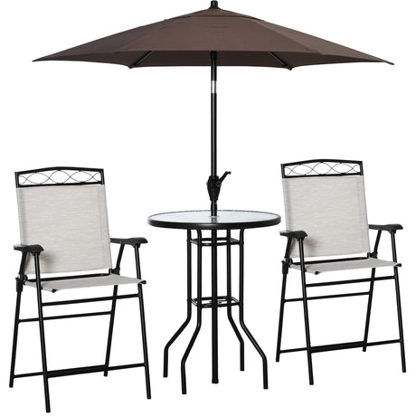 Outsunny 4 Piece Outdoor Patio Dining Furniture Set, 2 Folding Chairs, Adjustable Angle Umbrella, Wave Textured Tempered Glass Dinner Table, Beige Outsunny